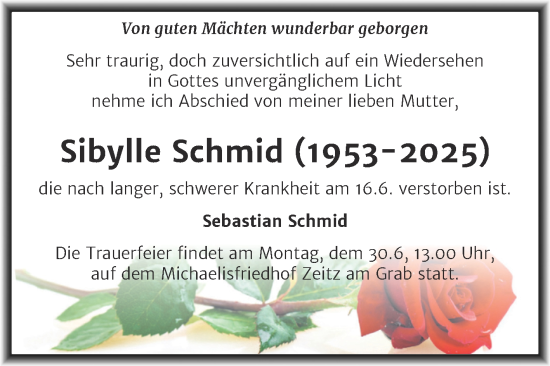 Traueranzeige von Sibylle Schmid von Trauerkombi Zeitz