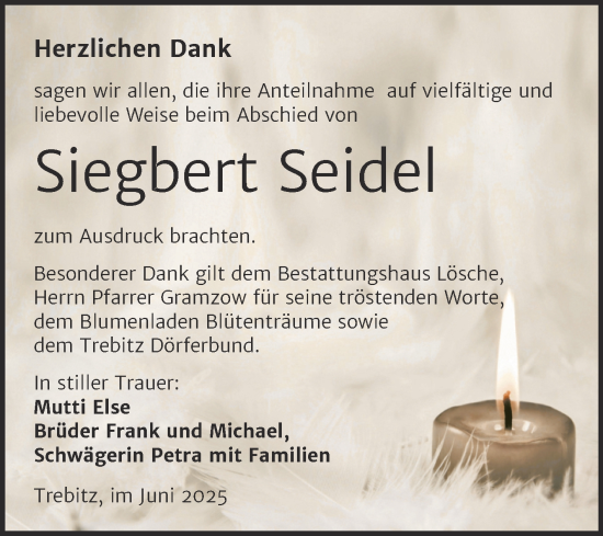 Traueranzeige von Siegbert Seidel von Trauerkombi Wittenberg