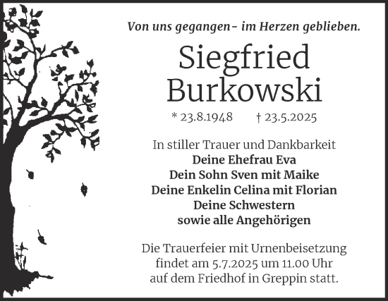 Traueranzeige von Siegfried Burkowski von Trauerkombi Bitterfeld