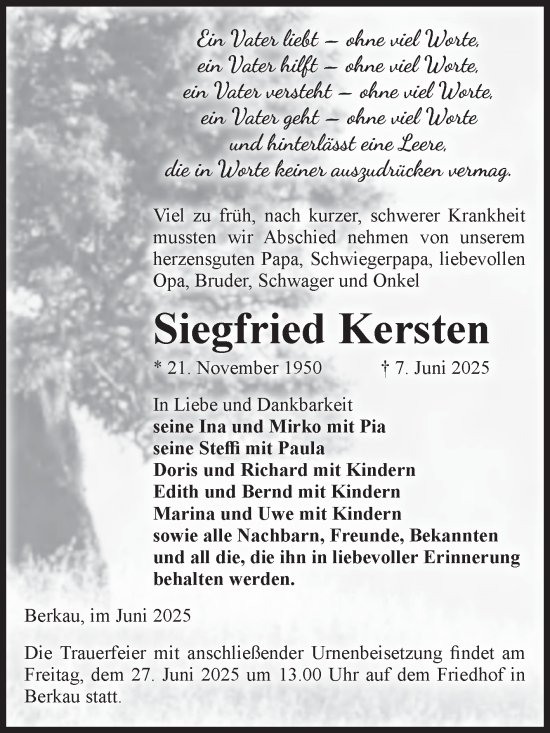Traueranzeige von Siegfried Kersten von Volksstimme Altmark Ost