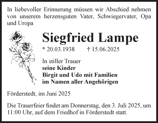 Traueranzeige von Siegfried Lampe von Volksstimme Staßfurt