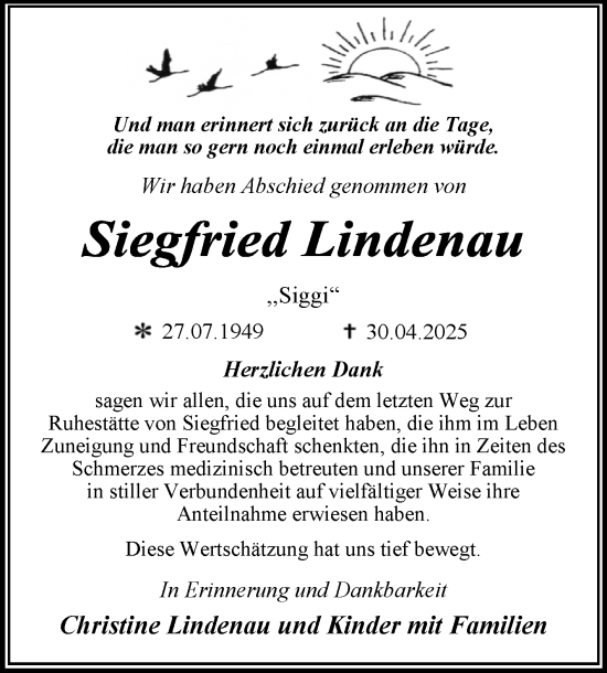 Traueranzeige von Siegfried Lindenau von Trauerkombi Dessau