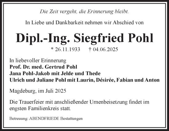 Traueranzeige von Siegfried Pohl von Volksstimme Magdeburg
