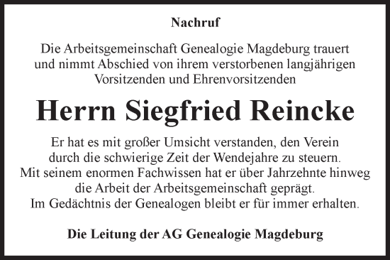 Traueranzeige von Siegfried Reincke von Volksstimme Magdeburg