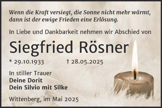 Traueranzeige von Siegfried Rösner von Trauerkombi Wittenberg