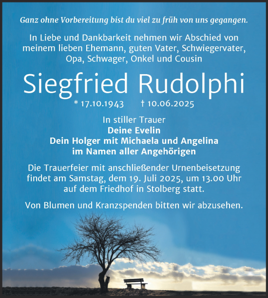 Traueranzeige von Siegfried Rudolphi von Trauerkombi Sangerhausen