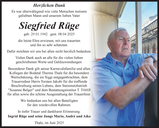 Traueranzeige von Siegfried Rüge von Trauerkombi Quedlinburg