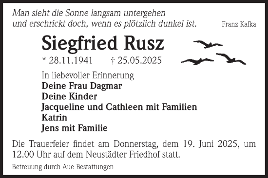 Traueranzeige von Siegfried Rusz von Volksstimme Magdeburg