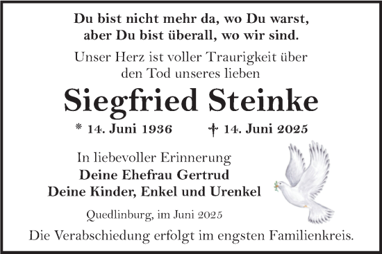 Traueranzeige von Siegfried Steinke von Trauerkombi Quedlinburg
