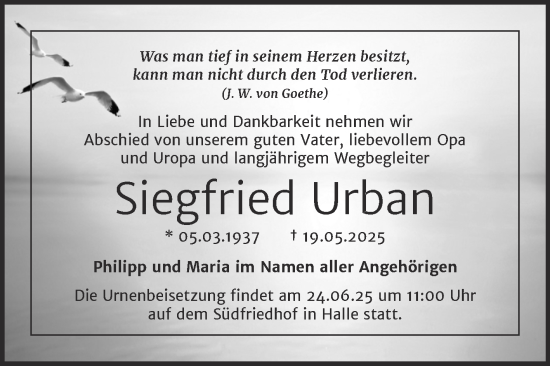 Traueranzeige von Siegfried Urban von Mitteldeutsche Zeitung Halle/Saalkreis