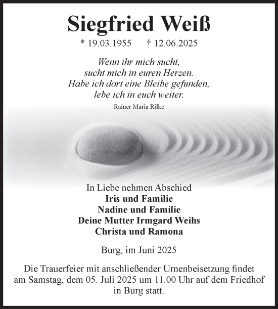 Traueranzeige von Siegfried Weiß von Volksstimme Burg/Genthin