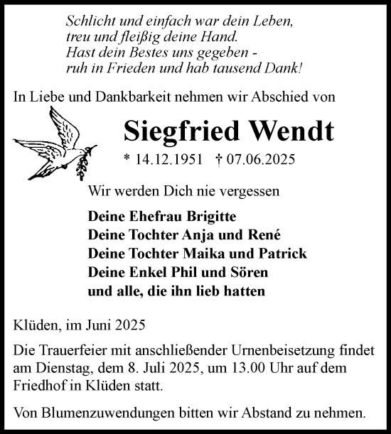 Traueranzeige von Siegfried Wendt von Volksstimme Haldensleben/Wolmirstedt