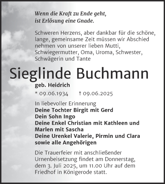 Traueranzeige von Sieglinde Buchmann von Trauerkombi Quedlinburg
