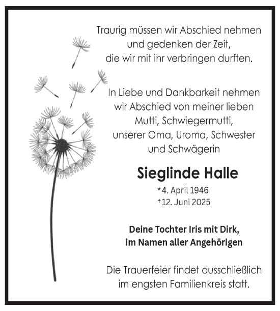 Traueranzeige von Sieglinde Halle von Trauerkombi Sangerhausen