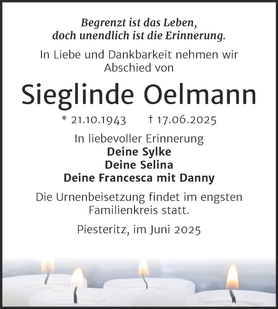 Traueranzeige von Sieglinde Oelmann von Trauerkombi Wittenberg