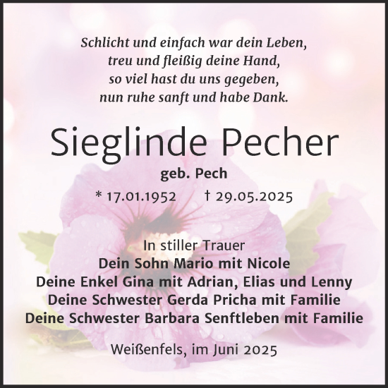 Traueranzeige von Sieglinde Pecher von Trauerkombi Weißenfels