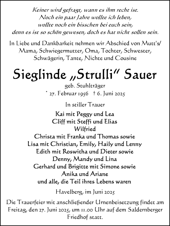Traueranzeige von Sieglinde Sauer von Volksstimme Altmark Ost