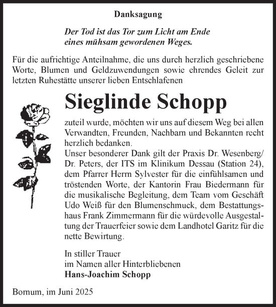 Traueranzeige von Sieglinde Schopp von Volksstimme Zerbst