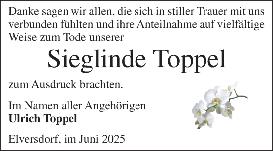Traueranzeige von Sieglinde Toppel von Volksstimme Altmark Ost