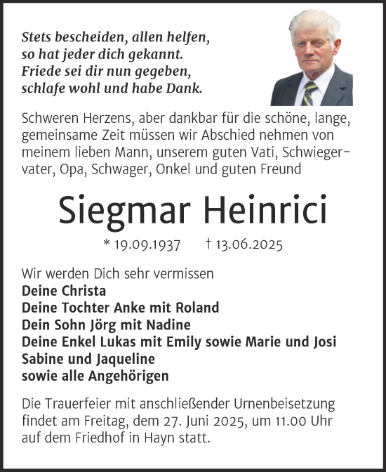 Traueranzeige von Siegmar Heinrici von Trauerkombi Sangerhausen