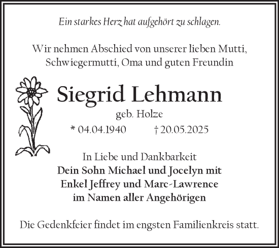 Traueranzeige von Siegrid Lehmann von Volksstimme Magdeburg