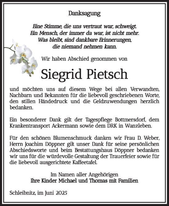 Traueranzeige von Siegrid Pietsch von Volksstimme Oschersleben/Wanzleben