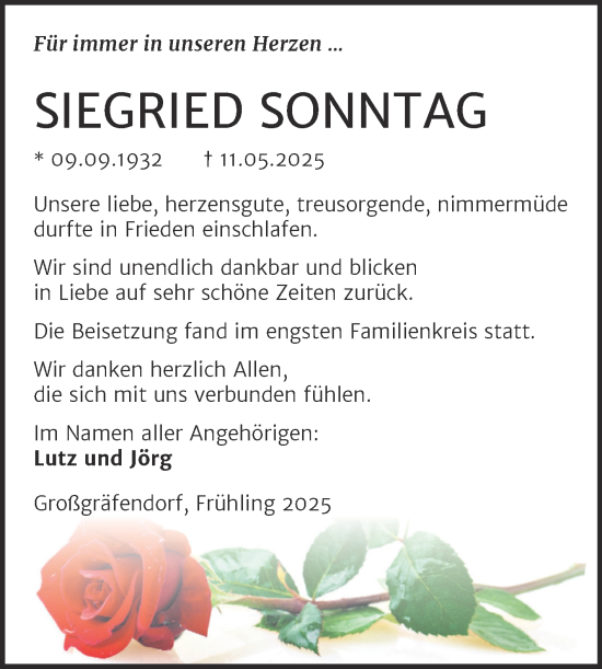 Traueranzeige von Siegried Sonntag von Trauerkombi Merseburg