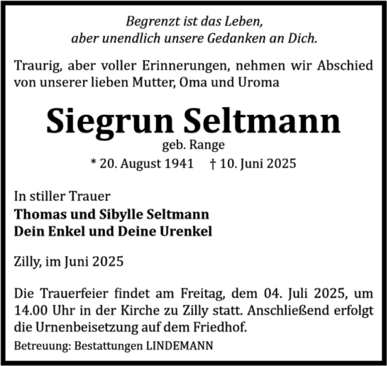 Traueranzeige von Siegrun Seltmann von Volksstimme Halberstadt