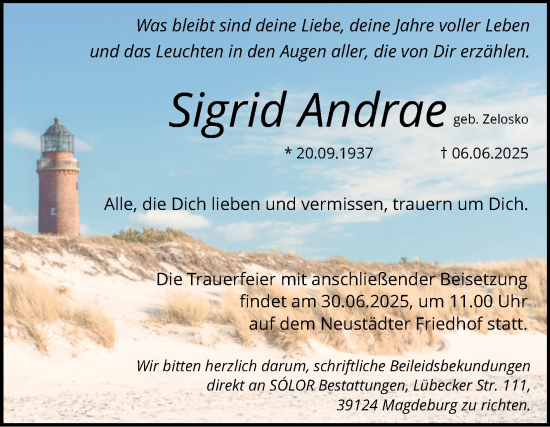 Traueranzeige von Sigrid Andrae von Volksstimme Magdeburg