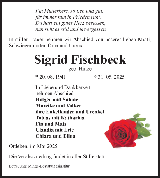 Traueranzeige von Sigrid Fischbeck von Volksstimme Oschersleben/Wanzleben