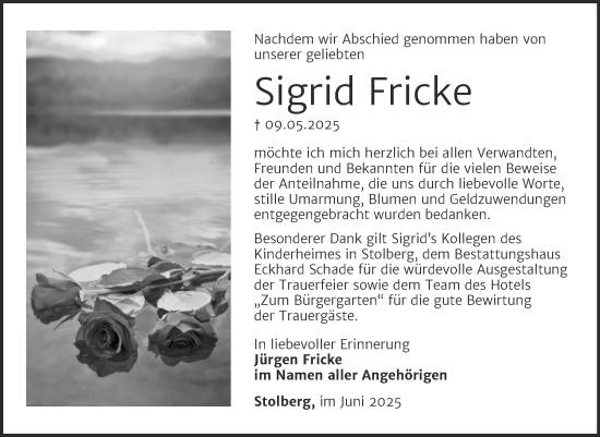 Traueranzeige von Sigrid Fricke von Super Sonntag Sangerhausen