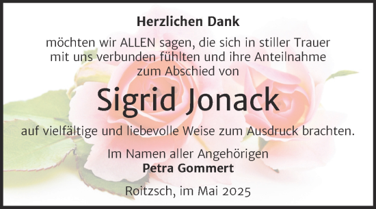 Traueranzeige von Sigrid Jonack von Trauerkombi Bitterfeld