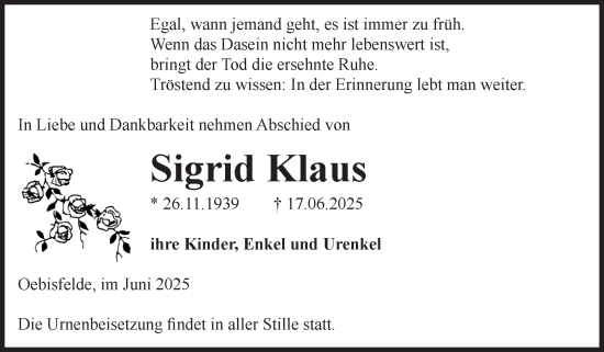 Traueranzeige von Sigrid Klaus von Volksstimme Altmark West