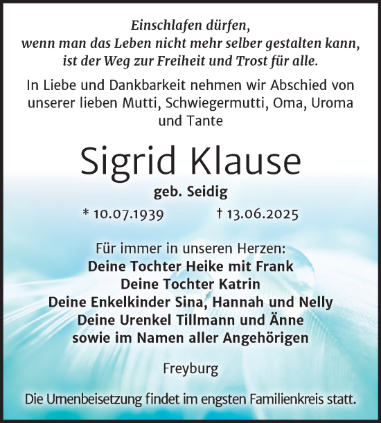 Traueranzeige von Sigrid Klause von Super Sonntag Naumburg/Nebra