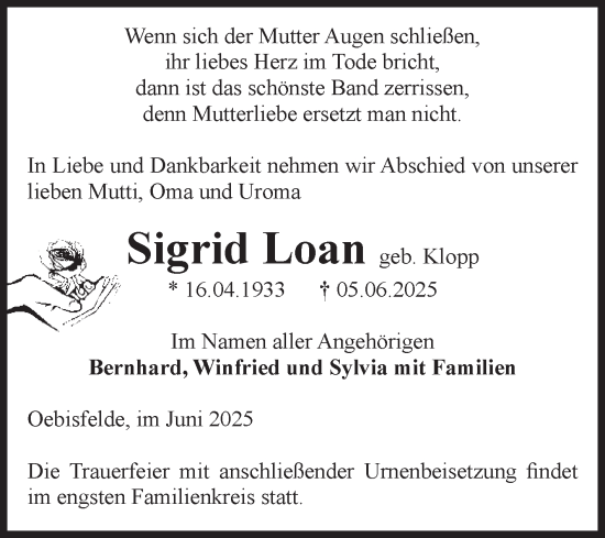 Traueranzeige von Sigrid Loan von Volksstimme Altmark West