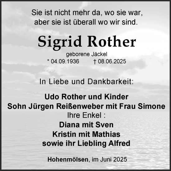 Traueranzeige von Sigrid Rother von Trauerkombi Weißenfels