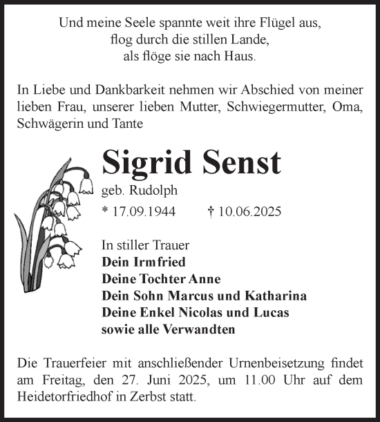 Traueranzeige von Sigrid Senst von Volksstimme Zerbst