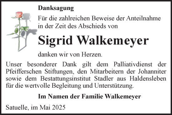 Traueranzeige von Sigrid Walkemeyer von Volksstimme Haldensleben/Wolmirstedt