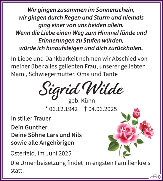 Traueranzeige von Sigrid Wilde von Trauerkombi Zeitz