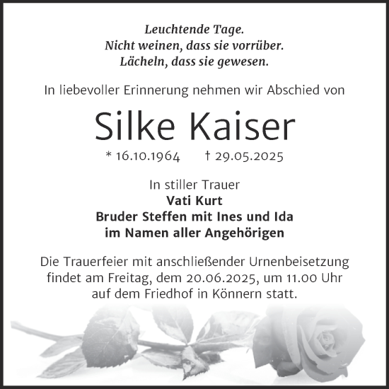 Traueranzeige von Silke Kaiser von Trauerkombi Bernburg