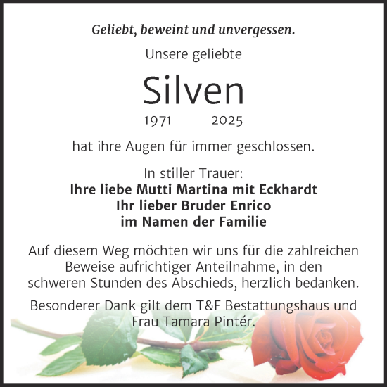 Traueranzeige von Silven  von Trauerkombi Weißenfels