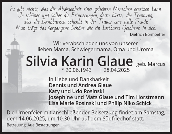 Traueranzeige von Silvia Karin Glaue von Volksstimme Magdeburg