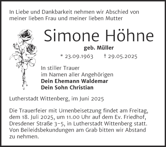 Traueranzeige von Simone Höhne von Trauerkombi Wittenberg