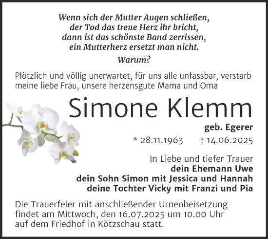 Traueranzeige von Simone Klemm von Trauerkombi Merseburg