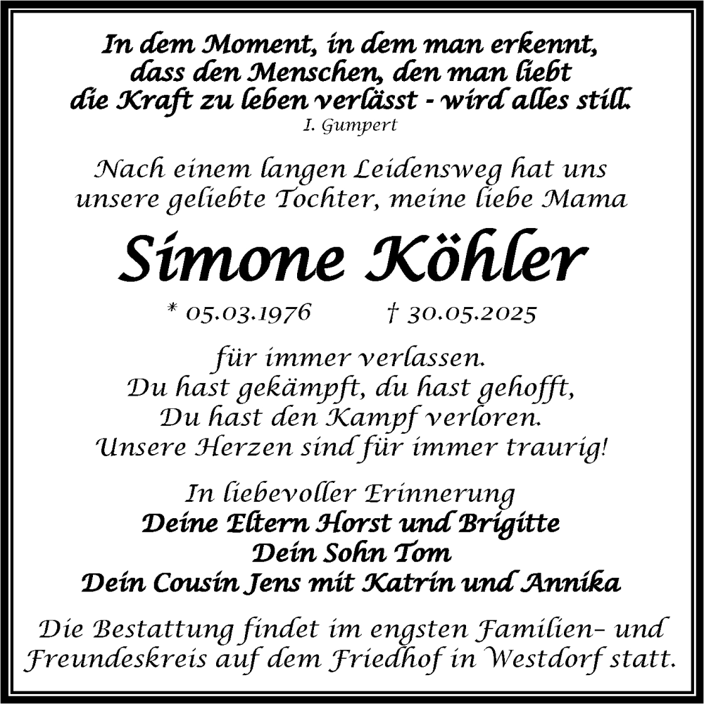 Traueranzeige für Simone Köhler vom 07.06.2025 aus Trauerkombi Aschersleben