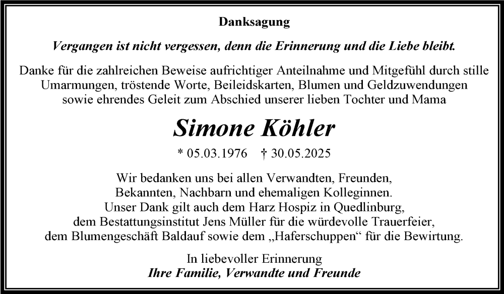 Traueranzeige für Simone Köhler vom 28.06.2025 aus Trauerkombi Aschersleben