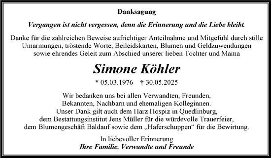 Traueranzeige von Simone Köhler von Trauerkombi Aschersleben