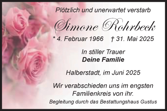 Traueranzeige von Simone Rohrbeck von Volksstimme Halberstadt