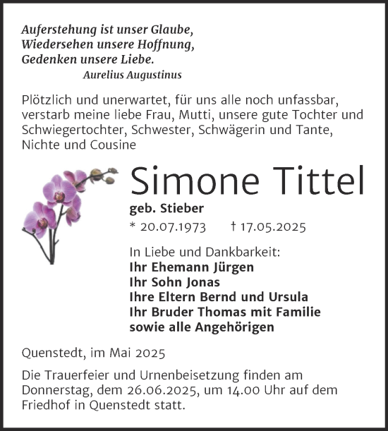 Traueranzeige von Simone Tittel von Trauerkombi Mansfelder Land