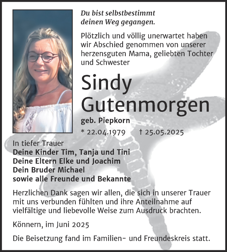  Traueranzeige für Sindy Gutenmorgen vom 14.06.2025 aus Trauerkombi Bernburg